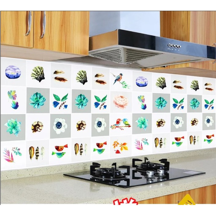 Decal dán bếp tráng nhôm cách nhiệt hoa và đôi chim khổ 60cm