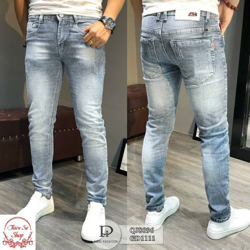 Quần jean nam rách gối xanh wash đẹp QJ5189