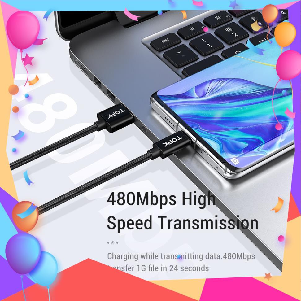 Cáp Sạc Nhanh TOPK AC36 Hiển Thị Điện Áp Và Dòng Điện 2 Trong 1 QC3.0 Micro USB Loại C Cho iPhone Samsung Xiaomi Dài 1M