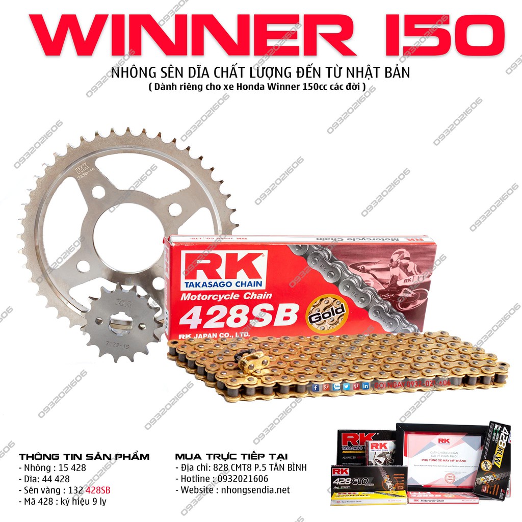 Nhông dĩa RK xe Winner v1 v2 sên Vàng 9 ly chính hãng