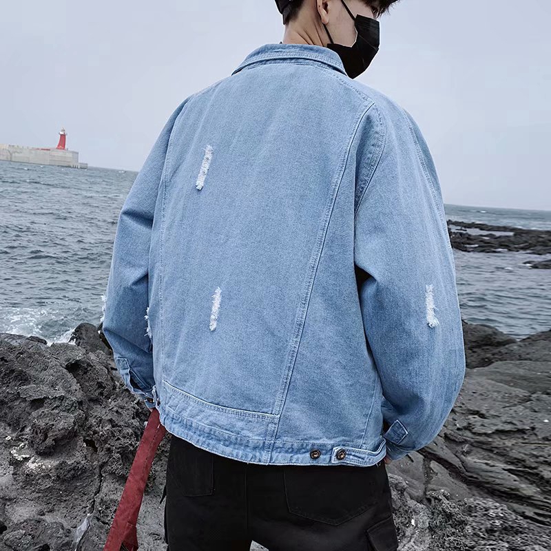 Ready Stock denim jacket Men's jackets Korean version Loose  student Shredded denim jacket