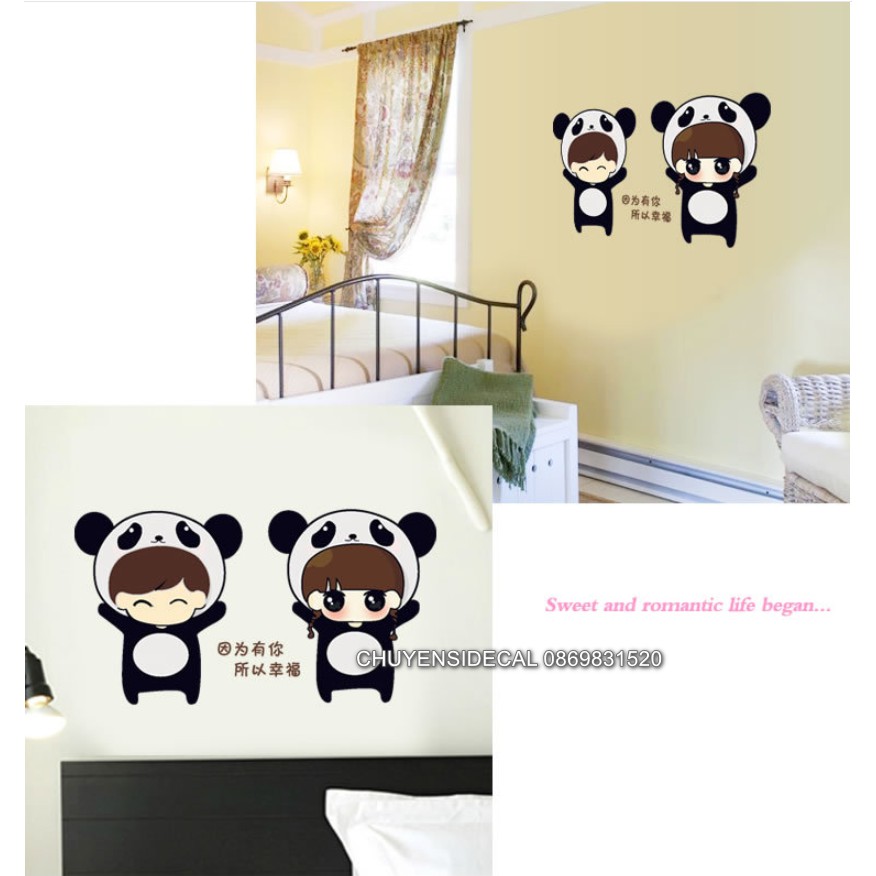 Decal trang trí tường - Cô Cậu Gấu Trúc Đen đáng yêu