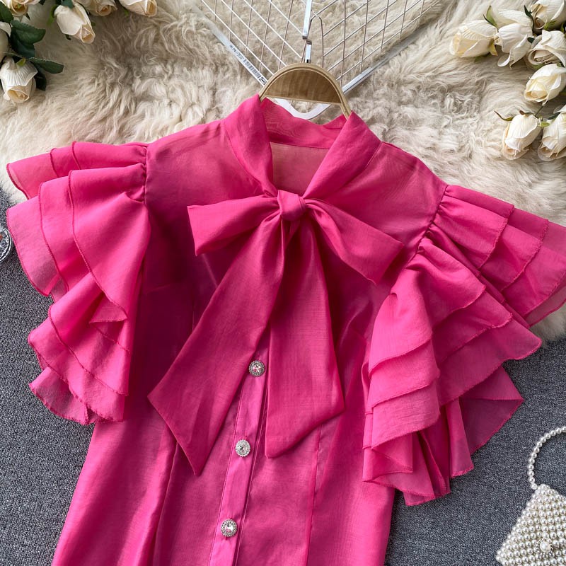 Áo sơ mi cổ nơ tay bèo tầng ulzzang   200421