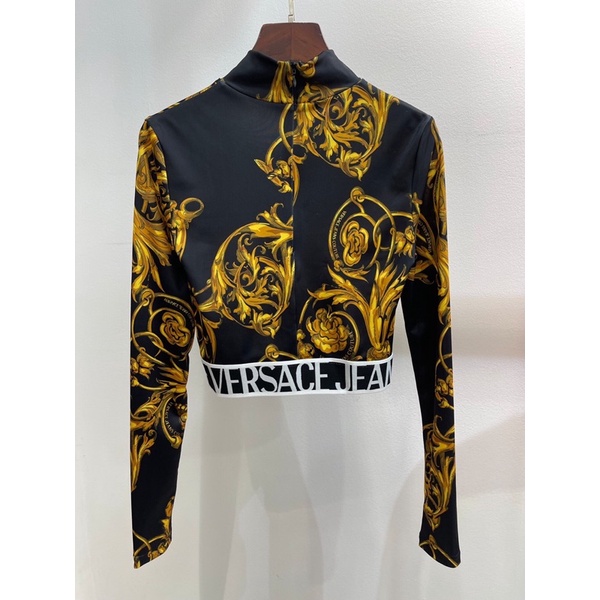 Áo nữ thời trang dài tay cổ cao bo eo mẫu mới thương hiệu Versace cao cấp