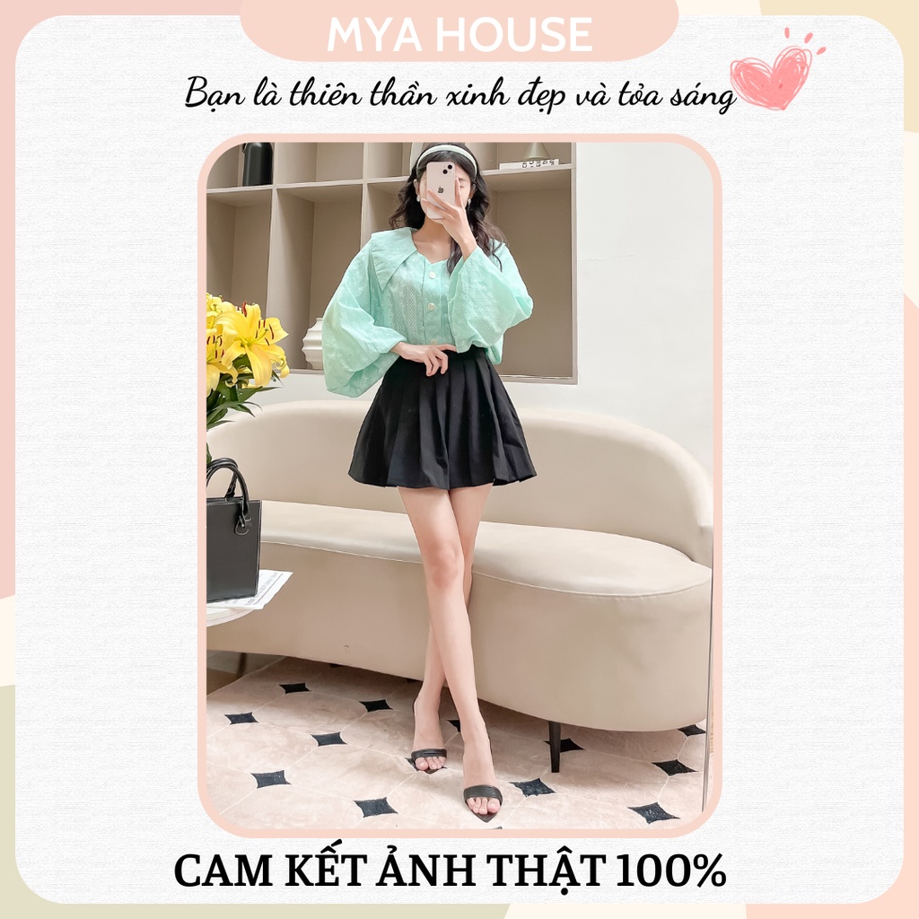 Áo sơmi xanh lá in hoạ tiết tay phồng cổ nhọn Lily shirt