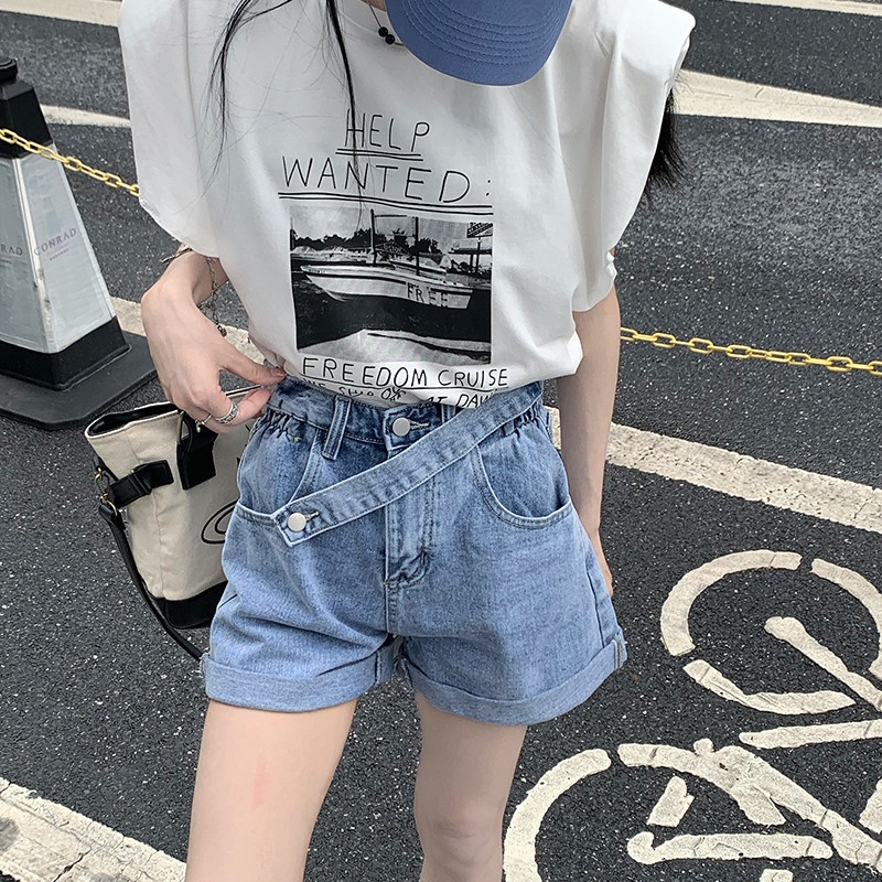 Quần Short Denim Ống Rộng Lưng Cao Thời Trang Dành Cho Nữ