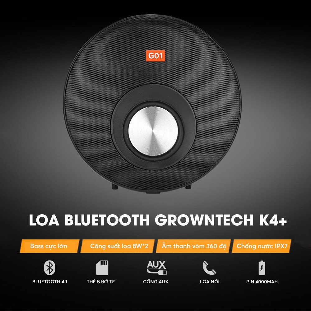 Loa nghe nhạc bluetooth GrownTech K4 Plus dòng xách tay kết nối không dây kèm jack 3.5 bảo hành 24 tháng