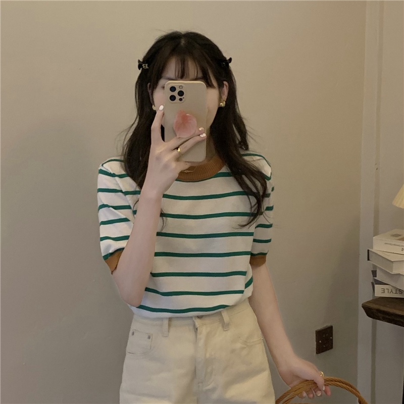 Áo Dệt Kim Họa Tiết Kẻ Sọc Màu Sắc Phong Cách Hàn Quốc Thời Trang 52660