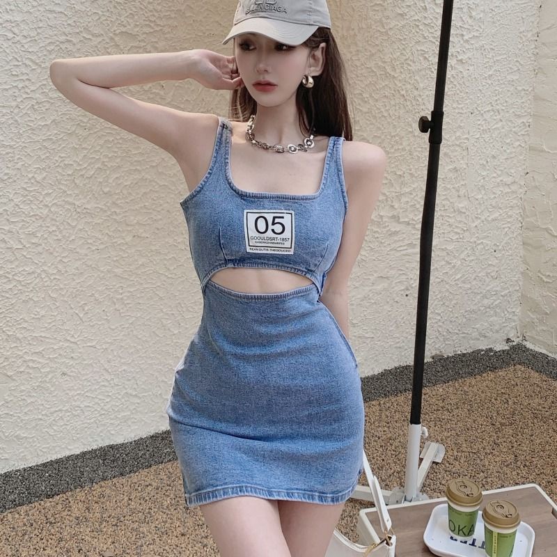 Heart machine hollowed-out denim vest dress 2022 new slim and thin spicy girl a-shaped dress