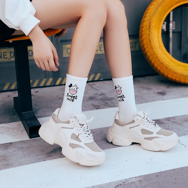 Tất vớ nữ cotton cổ cao hoạt hình bò sữa phong cách vintage hàn quốc TN08