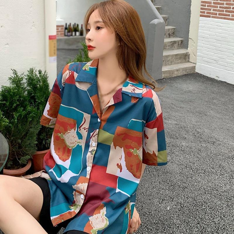 Korean Style Geometric Print Loose Casual Chiffon Shirt