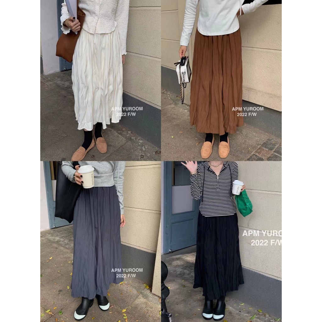 Chân váy midi SUXI lưng cao xếp ly thời trang mùa thu phong cách Hàn Quốc dành cho nữ