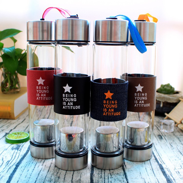 Bình Lọc Trà Cafe Thủy Tinh Giữ Nhiệt 450ML - Bình Nước Thuỷ Tinh Có Túi Lọc Trà Bọc Da Chống Trượt Cao Cấp