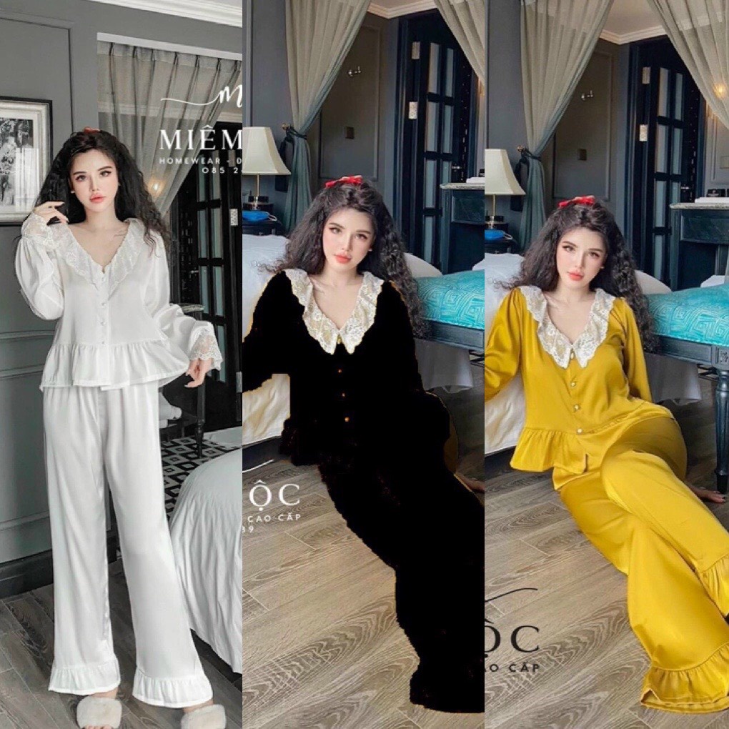 Đồ Bộ Nữ Tiểu Thư Tay Dài Cổ Ren Phong Cách Quảng Châu - Đồ ngủ, Pyjama Lụa Freesize