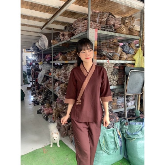 thời trang nữ đi chùa, áo lam phật giáo, đồ bộ nữ, đồ lam nữ đính nút tixi cao cấp - Đồ lam đi chùa - Set