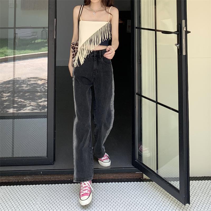 Quần Jean Ống Rộng Màu Đen Lưng Cao Họa Tiết Kẻ Sọc Phong Cách Hàn Quốc Thời Trang Cho Nữ