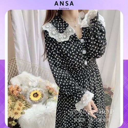 Váy hoa nhí vintage dáng dài phối ren cổ áo và tay áo