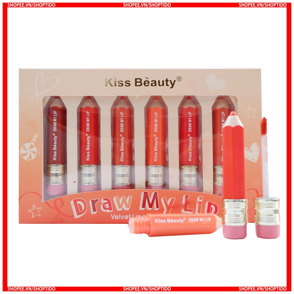 Set 6 son kem bút chì Kiss Beauty draw my lips velvet lipgloss No.70007-03 NPP Shoptido