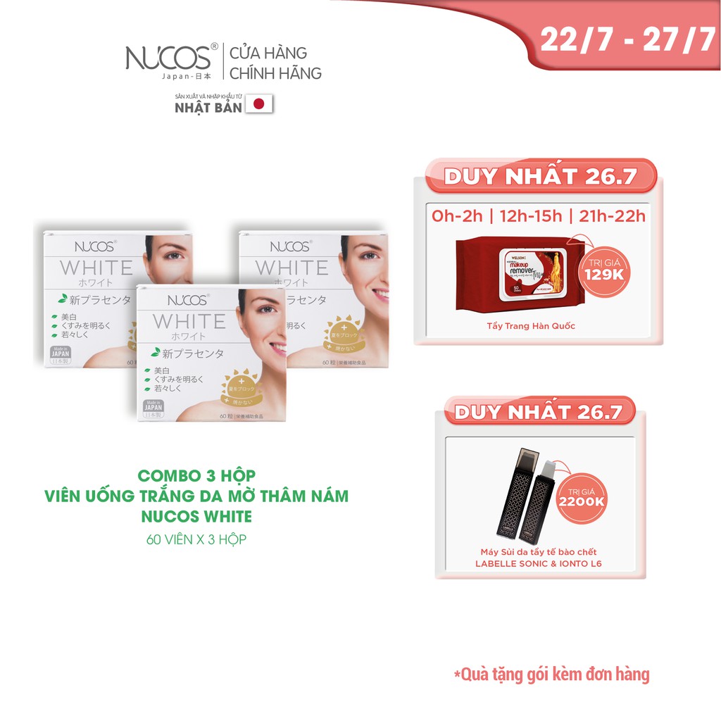 Combo 3 Hộp Viên uống trắng da giảm thâm nám chống nắng Nucos White 3x60 viên