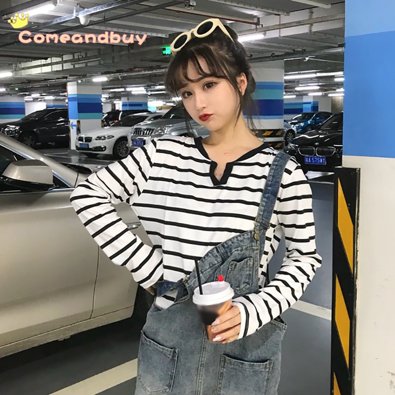 Áo sơ mi nữ tay dài cổ chữ V sọc dọc