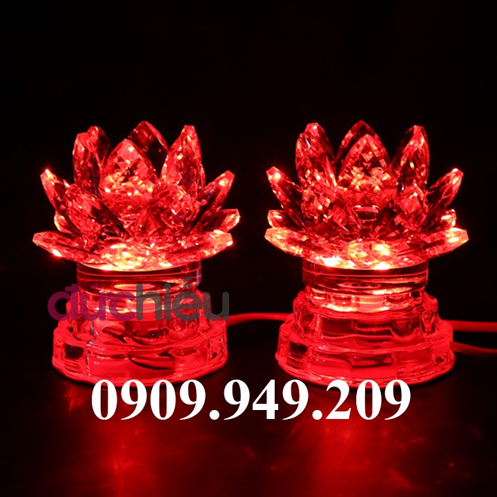 Bộ 2 đèn hoa sen pha lê thủy tinh đổi 7 màu 7 chế độ, đèn thờ cúng để bàn thờ