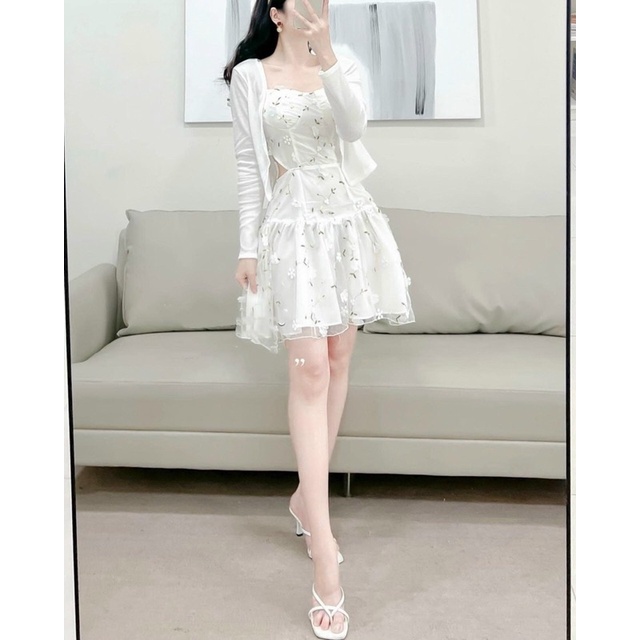 set đầm 2 dây hoa cúp ngực cutout lưng kèm áo khoác croptop
