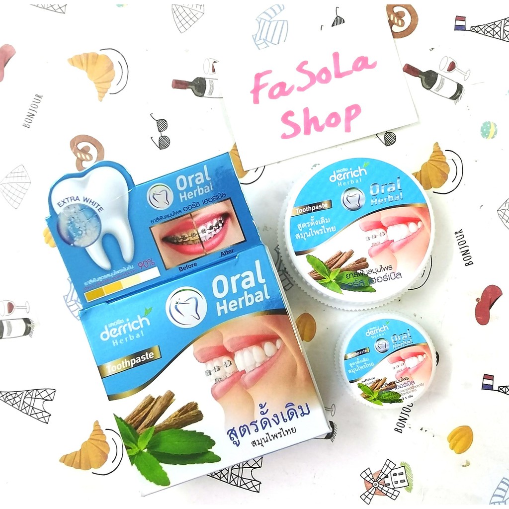 Kem tẩy trắng răng DERRICH ORAL HERBAL Thái Lan 25g toothpaste thơm miệng tẩy ố do hút thuốc uống trà cà phê niềng oral