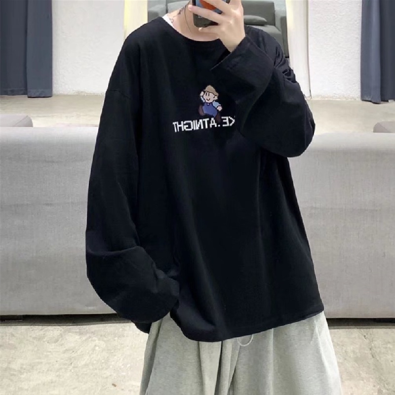 Áo thun tay dài cổ tròn dáng rộng in chữ thời trang thu đông phong cách Nhật Bản cho nam size M-5XL