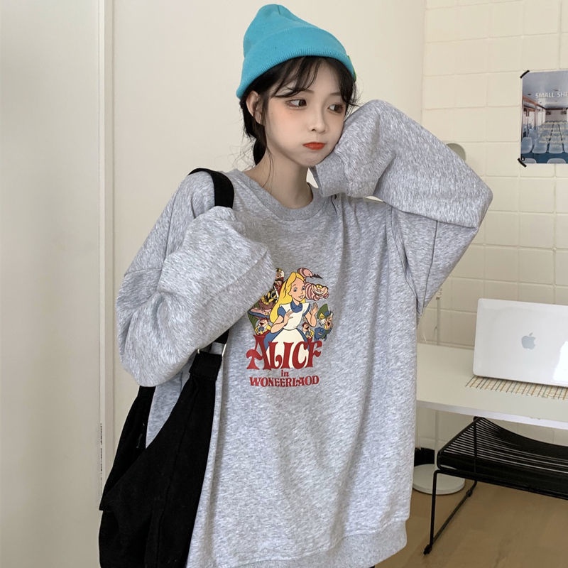 ZHELIHANGFEI Áo Nỉ Cổ Tròn Form Rộng Họa Tiết Hoạt Hình Dễ Phối Đồ