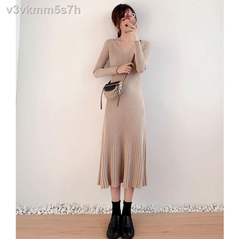 Knitted dress spring and autumn 2021 new temperament waist slimming long-sleeved bottoming skirt over the knee long fema | BigBuy360 - bigbuy360.vn