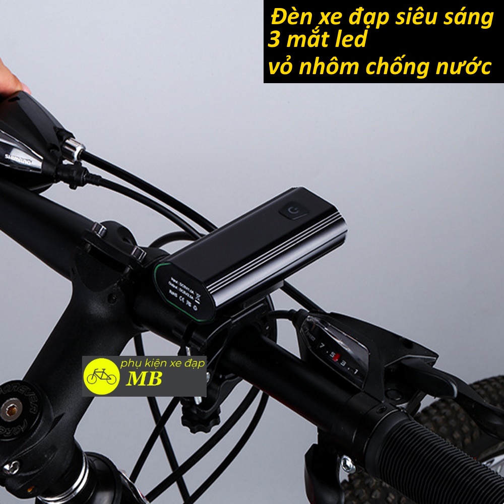 đèn xe đạp thể thao cao cấp siêu sáng vỏ nhôm chống nước 3 mắt led pin sạc usb DP13