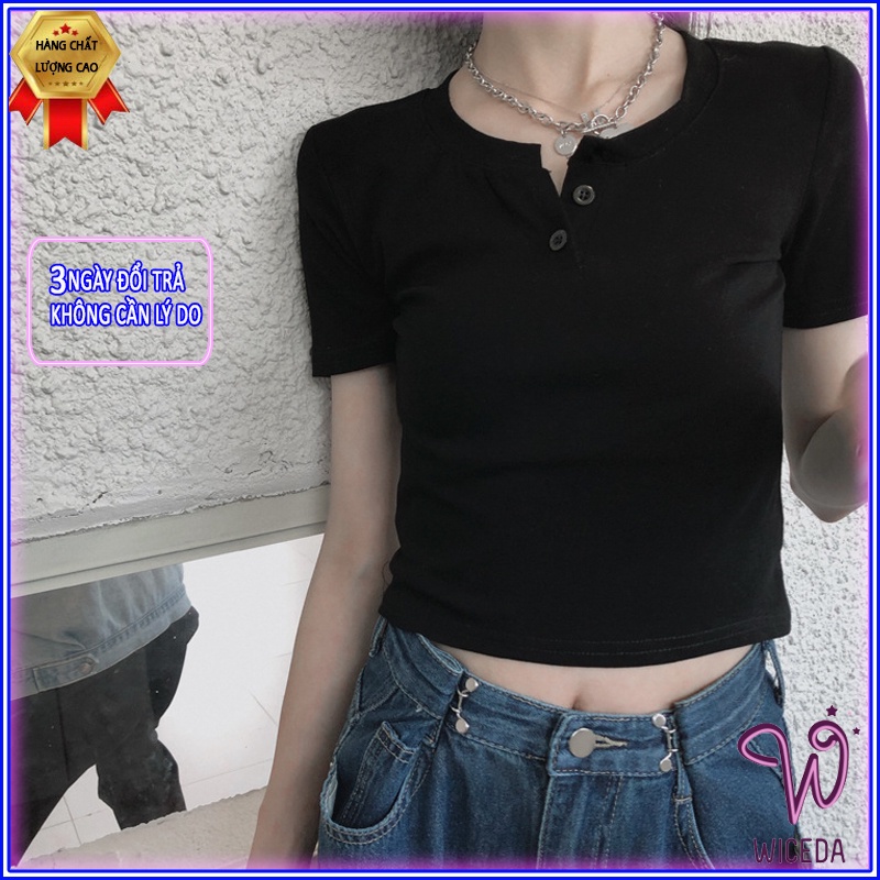 Áo croptop cổ v tay ngắn đẹp,áo thun cộc tay xinh chất 100% cotton cúc thật 4 màu đen trắng hồng ghi Wiceda AV301