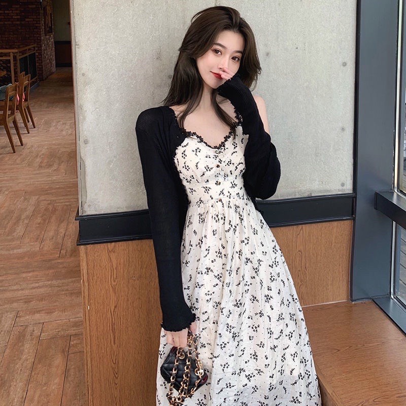 Váy đầm nữ hai dây hoa nhí màu đen áo cadigan phong cách nữ tính Shop Lim Boutique - V501