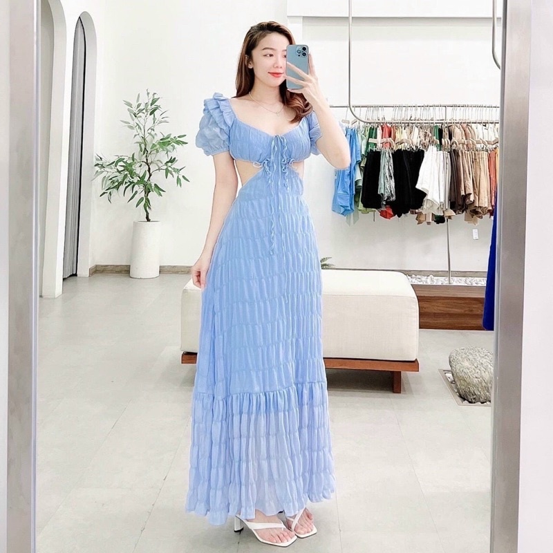MAXI CUT-OUT LƯNG VIỀN BÈO❤️FREESHIP❤️Đầm maxi xanh hở vai khoét eo,đầm maxi dáng dài đi biển