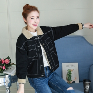 Áo khoác Denim phối len lông cừu dày dáng rộng ngắn lưng kiểu Hàn Quốc thời trang 2020