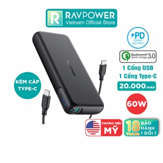 Sạc Dự Phòng 60W RAVPower RP-CPBN004 – 20.000 mAh – QC 3.0 – PD 3.0 – Type C in/out – 2 Cổng Sạc – Hàng Chính Hãng