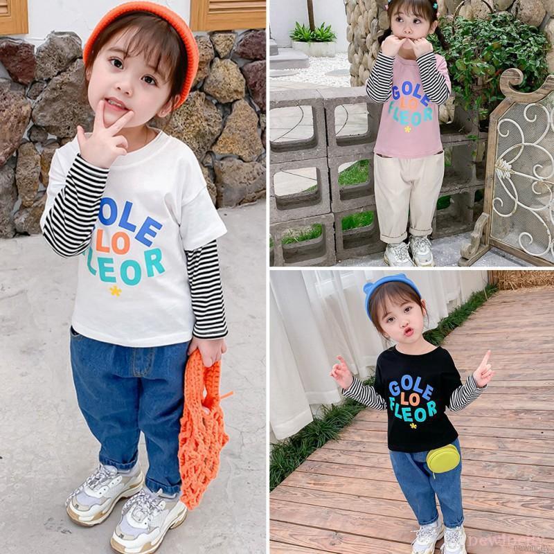 Áo thun tay dài kẻ sọc phối màu phong cách dễ thương cho trẻ em