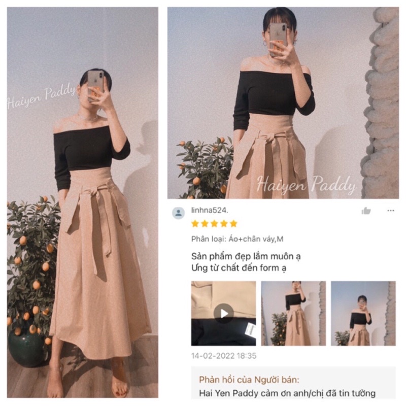 Set Áo Zip Bệt Vai Cùng Chân Váy Váy KaKi Dài