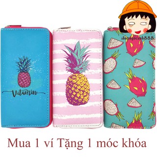 [TRỢ GIÁ] Bóp Ví Dài Cầm Tay Nữ Họa Tiết Hoạt Hình Trái Cây Dứa, Thanh Long Xinh Xắn !