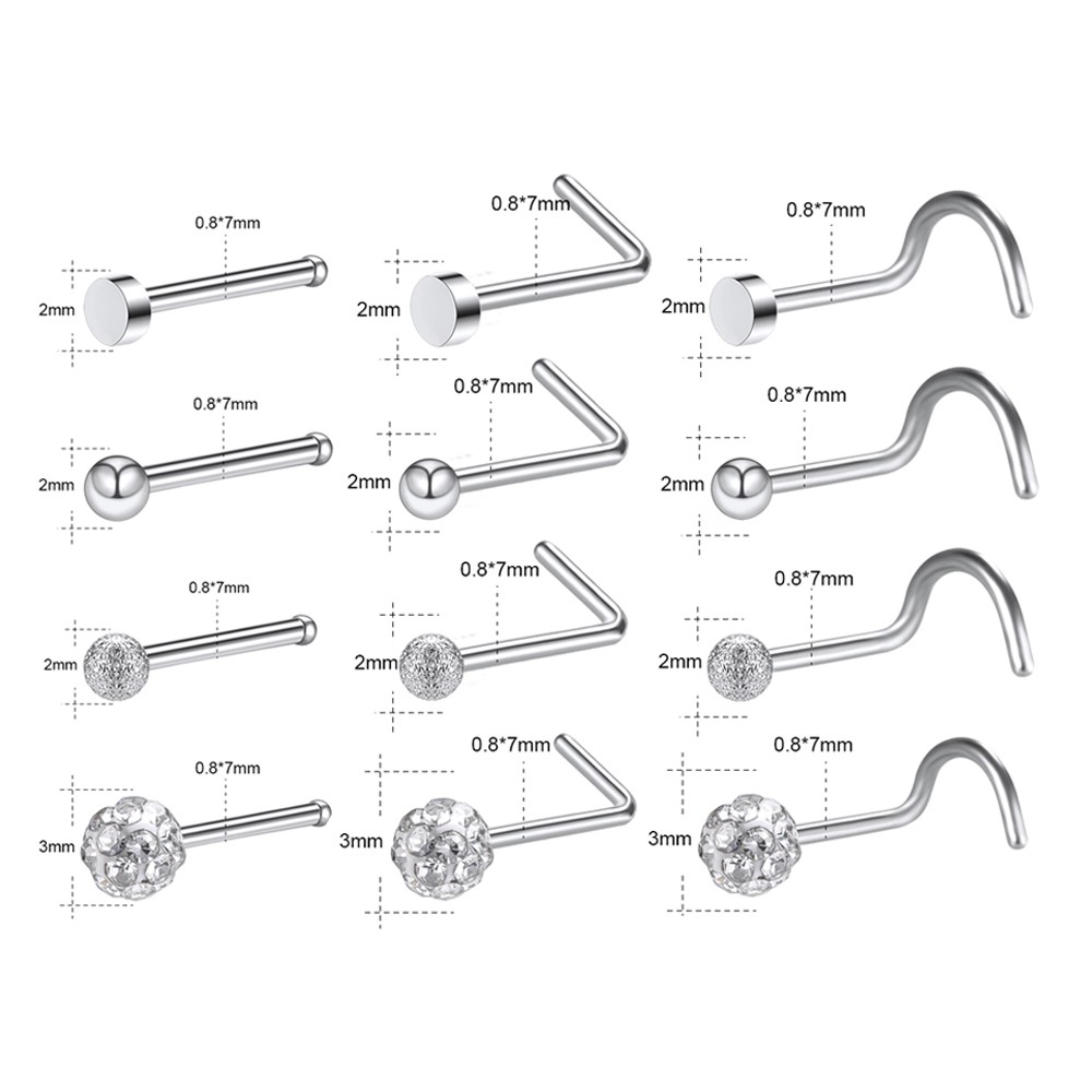 Bộ 8 khuyên mũi đầu tròn bằng thép không gỉ chất lượng cao 20g