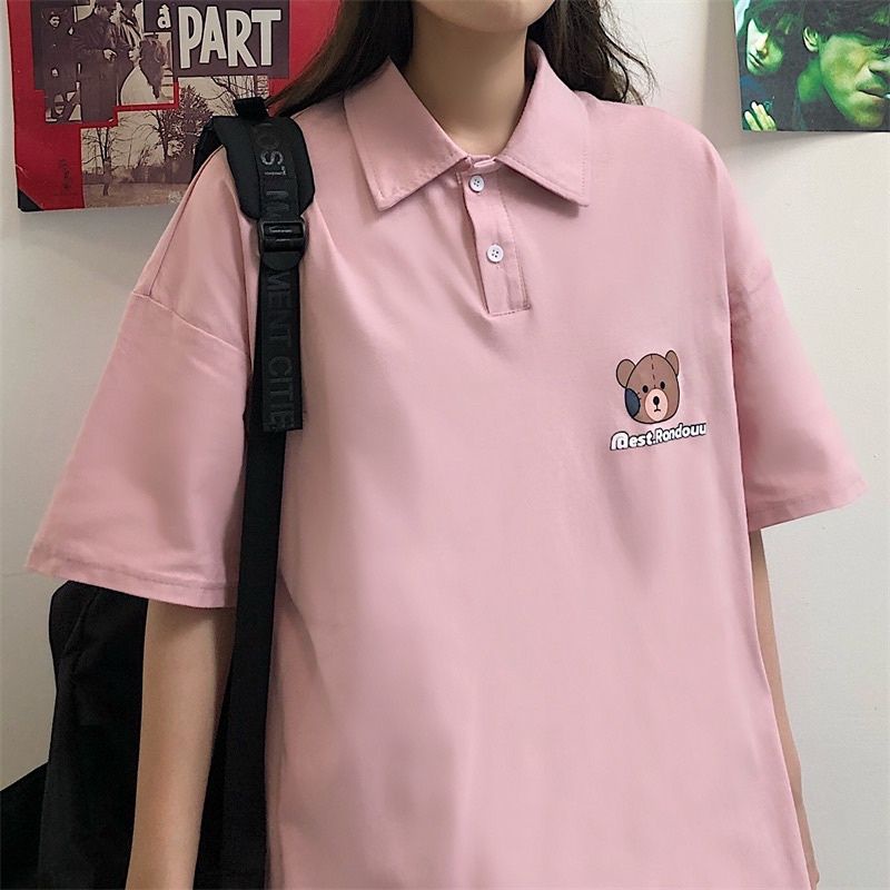 Áo Polo Tay Lỡ Nam Nữ In Hình Mặt Gấu Oversize Form Rộng Unisex