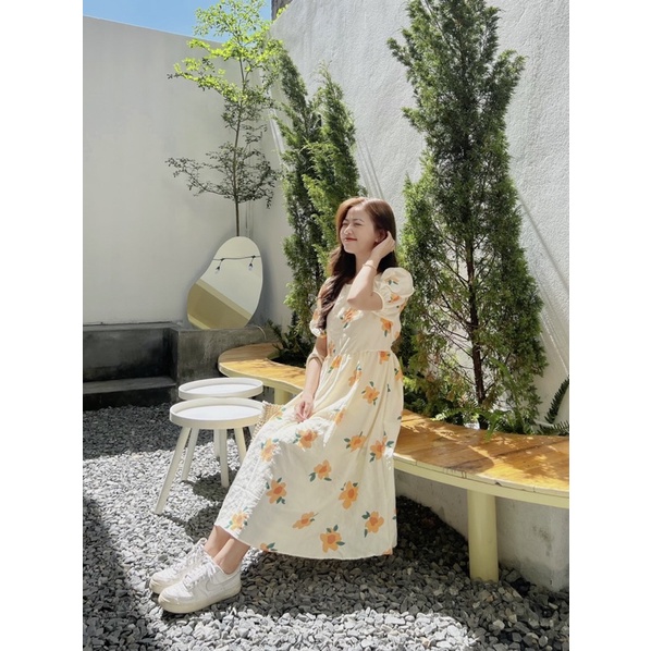 [Ảnh thật] Đầm babydoll hoa cam to tay phồng