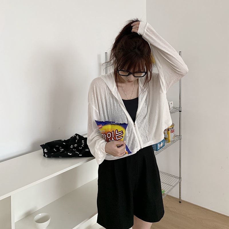 Jiashucheng Áo Khoác Cardigan Mỏng Có Nón Tay Dài Chống Nắng Phong Cách Mới Dành Cho Bạn Nữ Mặc Ngoài Trời