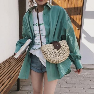 Túi cói bán nguyệt đeo chéo nắp da - Hoa văn lưới nhện - phong cách Vintage