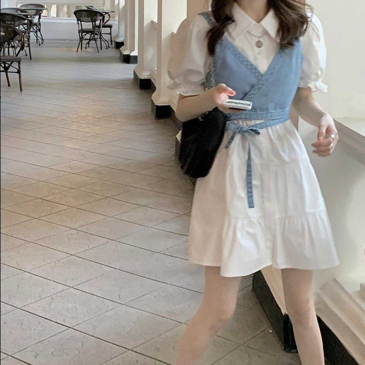 Set đầm tay phồng + áo không tay phong cách retro xinh xắn dành cho nữ