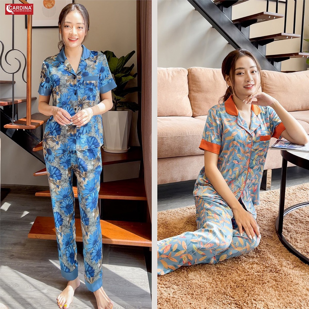 Bộ Pijama Nữ 𝐂𝐀𝐑𝐃𝐈𝐍𝐀 Chất Lụa Satin Nhật Cao Cấp Quần Dài, Áo Cộc Tay Họa Tiết Tinh Tế, Trẻ Trung 1Pi18.