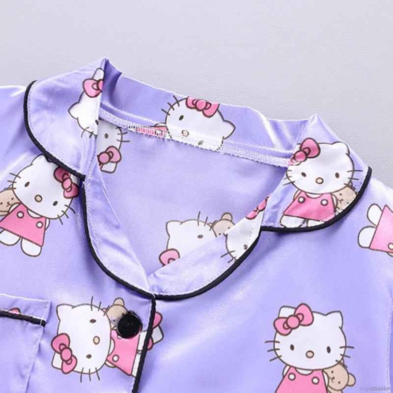 Áo Choàng Ngủ Vải Lụa Satin In Hình Mèo Kitty Đáng Yêu Cho Bé Gái Từ 4-14 Tuổi