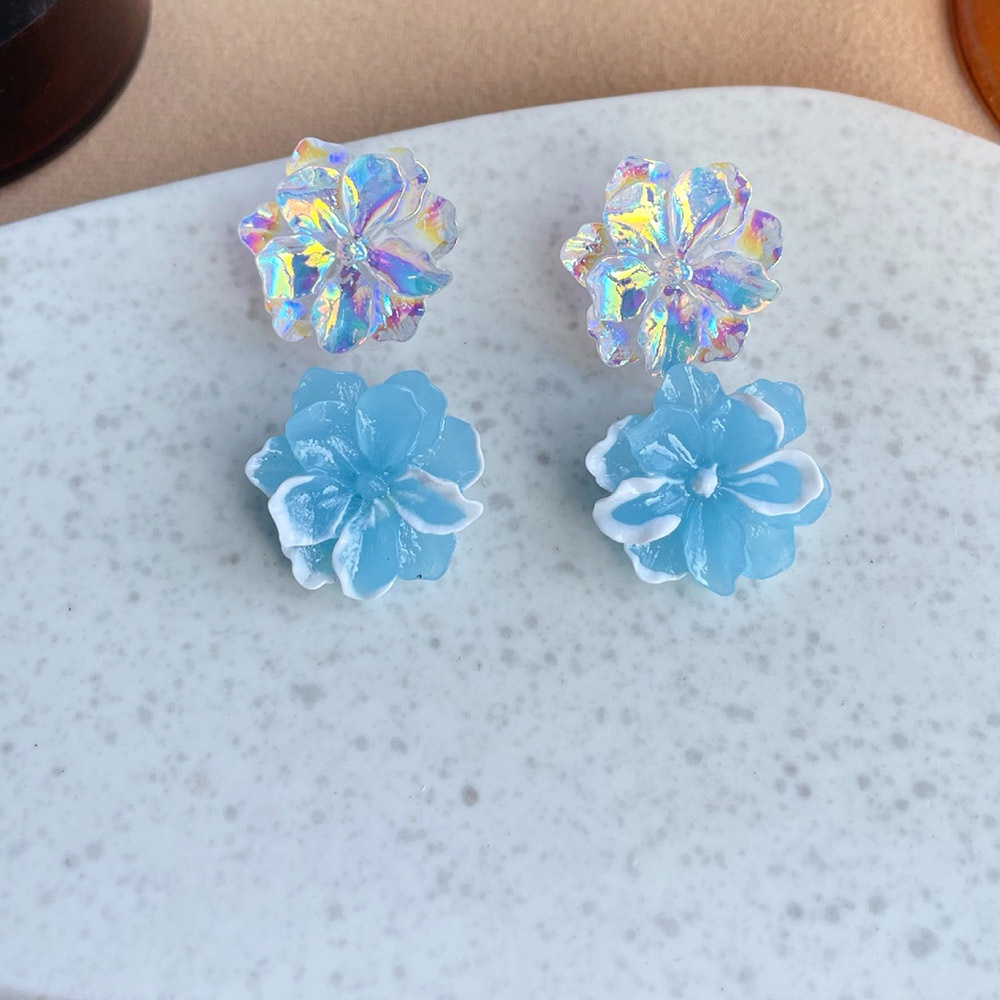 Khuyên Tai Dạng Kẹp Không Xỏ Hình Hoa Bằng Nhựa Resin Màu Xanh Dương Ngọt Ngào Dễ Thương Phong Cách Hàn Quốc Cho Nữ