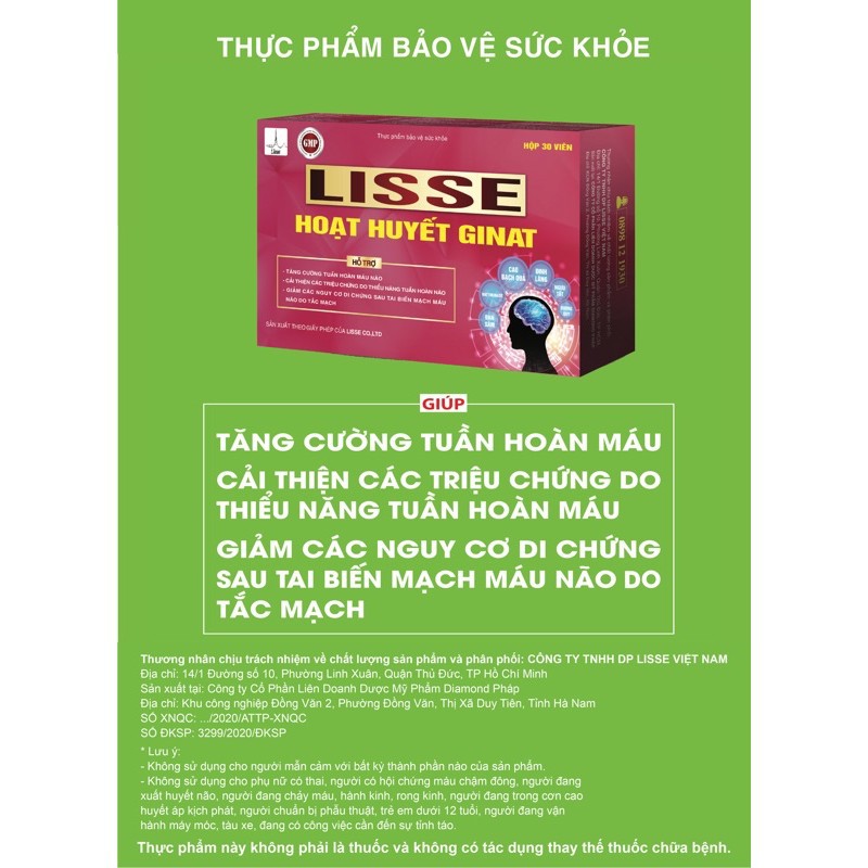 LISSE HOẠT HUYẾT GINAT - Tăng Cường Tuần Hoàn Máu (Hộp 30 viên)