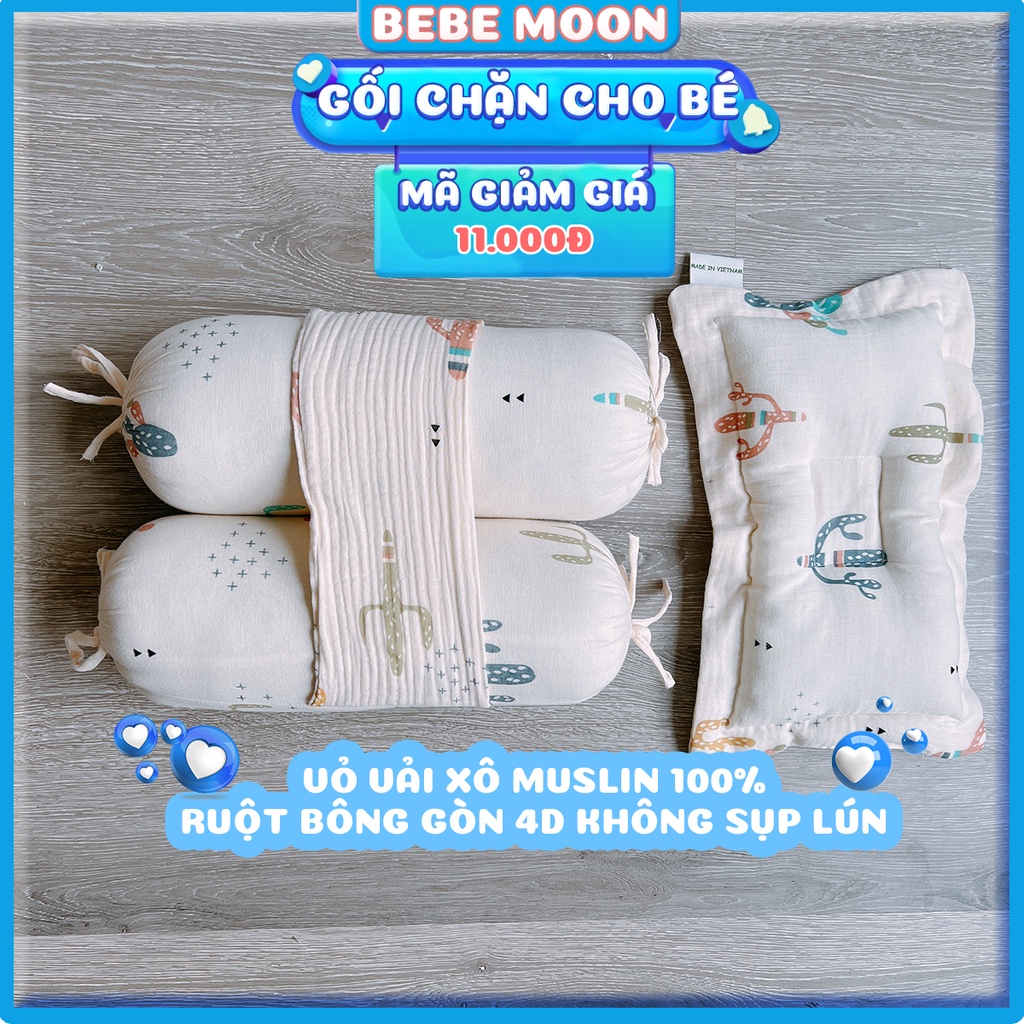 Gối Chặn, Gối Chống Lõm Đầu BeBe Moon chất liệu Vải Xô Muslin Oragnic, Ruột Bông Gòn 4D Không Sụp Lún